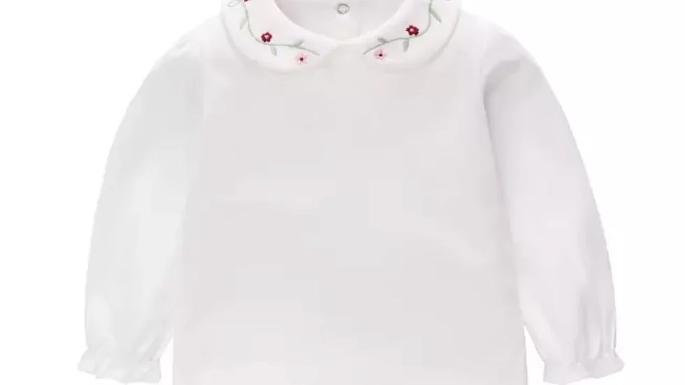 White Top with Floral Embroidered Collar
