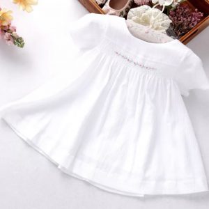 Classic White Cotton Top With Floral Smocking