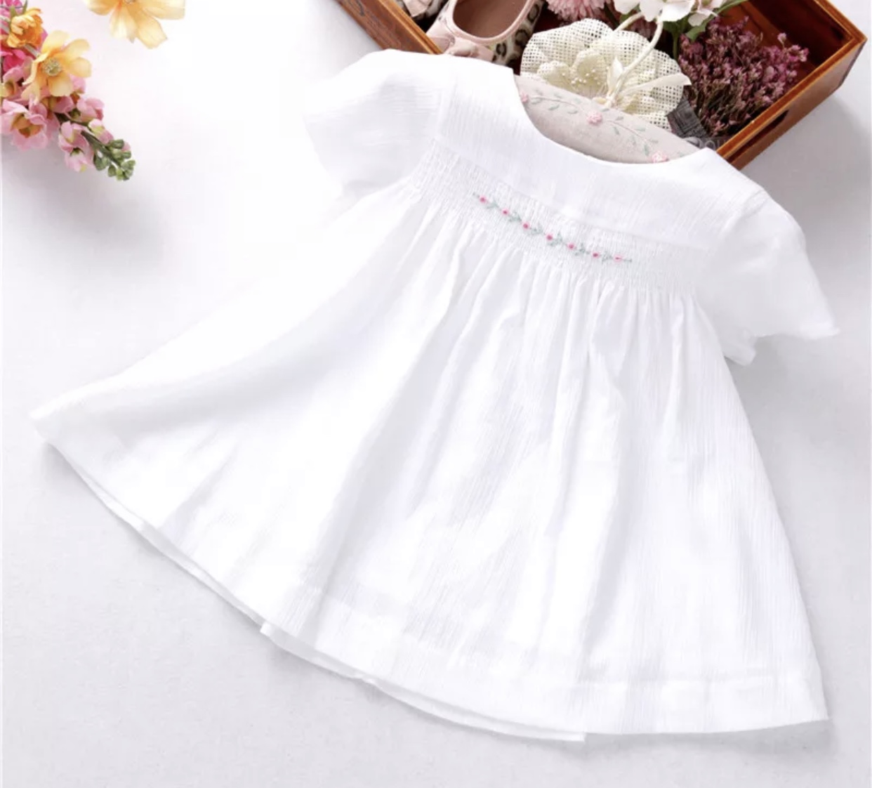 Classic White Cotton Top With Floral Smocking