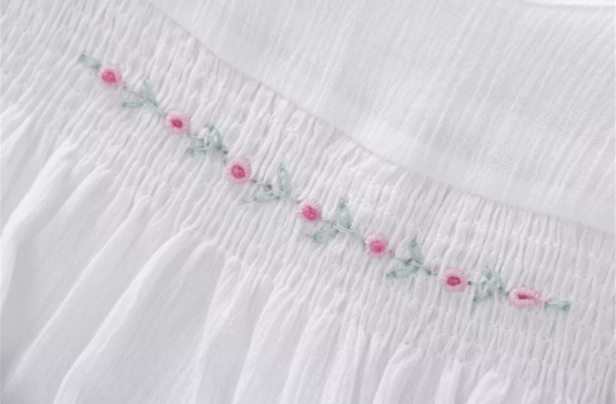 Classic White Cotton Top With Floral Smocking - Image 6