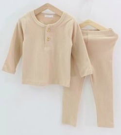 Ribbed Loungewear with Buttons in Beige