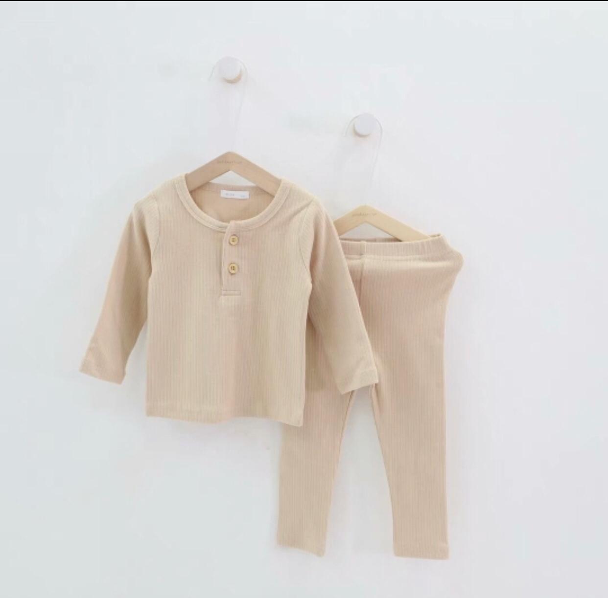 Ribbed Loungewear with Buttons in Beige - Image 2