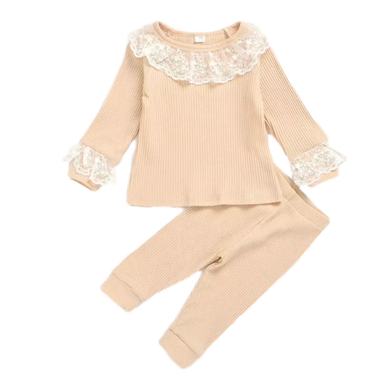 Ribbed Loungewear with Lace Collar and Cuffs - Top Only
