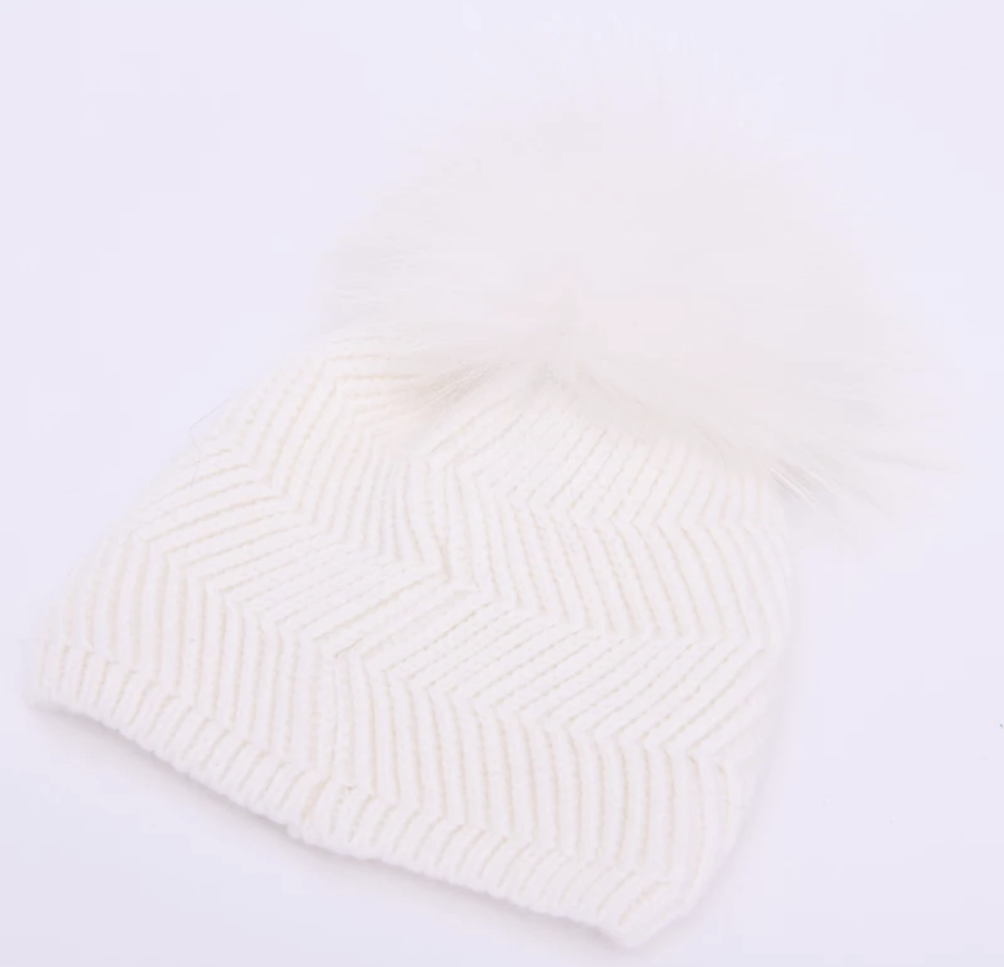White Cashmere Hat And Faux Fur Pom Pom
