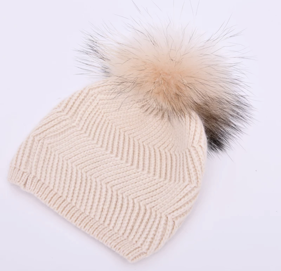 Oatmeal Cashmere Hat And Faux Fur Pom Pom