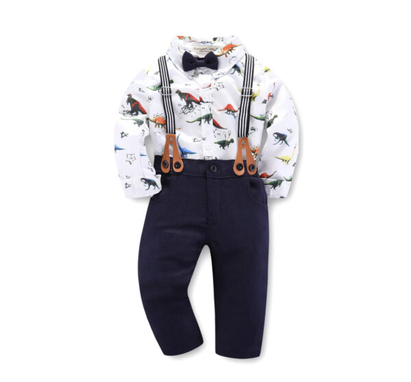 Adorable Dinosaur Print Boys’ Outfit with Suspenders & Bow Tie